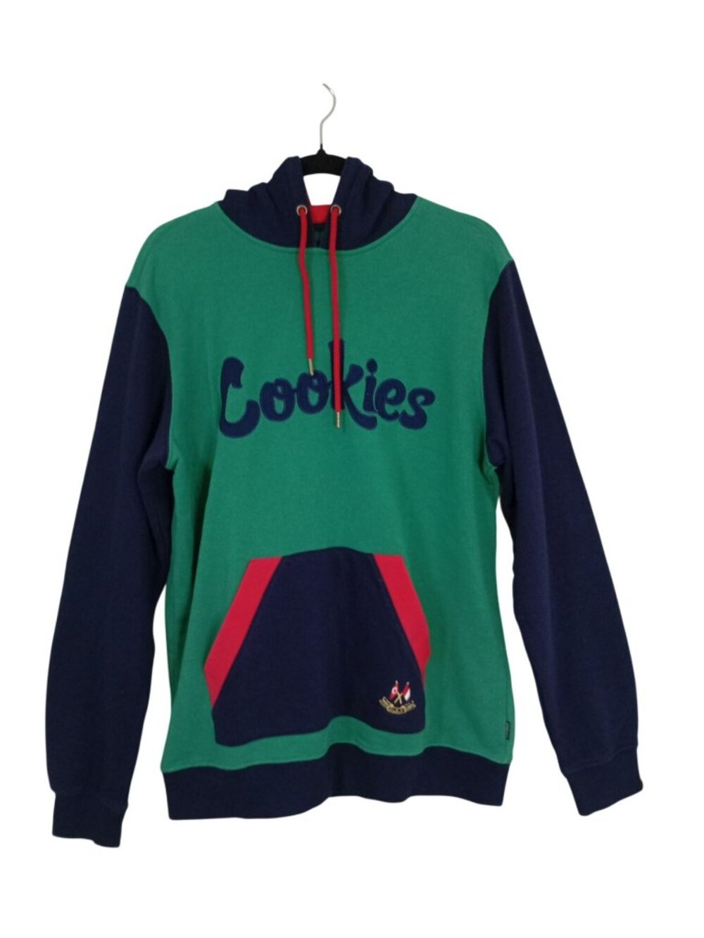 Cookies Green & Navy Hooded Sweatshirt With Red Accents Size Large Cotton Blend